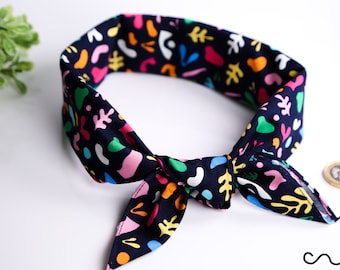 Navy Cotton Bandana Retro Pattern Head Scarf Handmade Artistic Neck Scarf