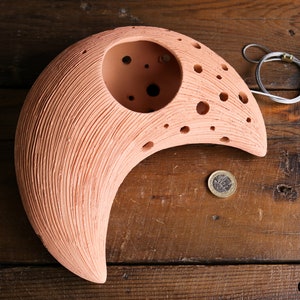 May include: A terracotta hanging planter shaped like a crescent moon with a textured surface and multiple drainage holes. The planter has a wire hanger attached.