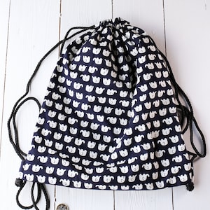 Navy Elephant Drawstring Backpack, Handmade Lined Cotton Blend PE Bag, 40 x 33cm