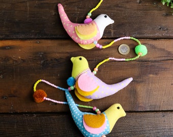 Handmade Fabric Bird Mobile: Colorful Nursery Decor with Bell