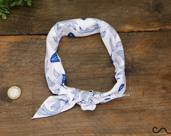 Handmade Cotton Bandana: Blue and White Koi Fish Scarf