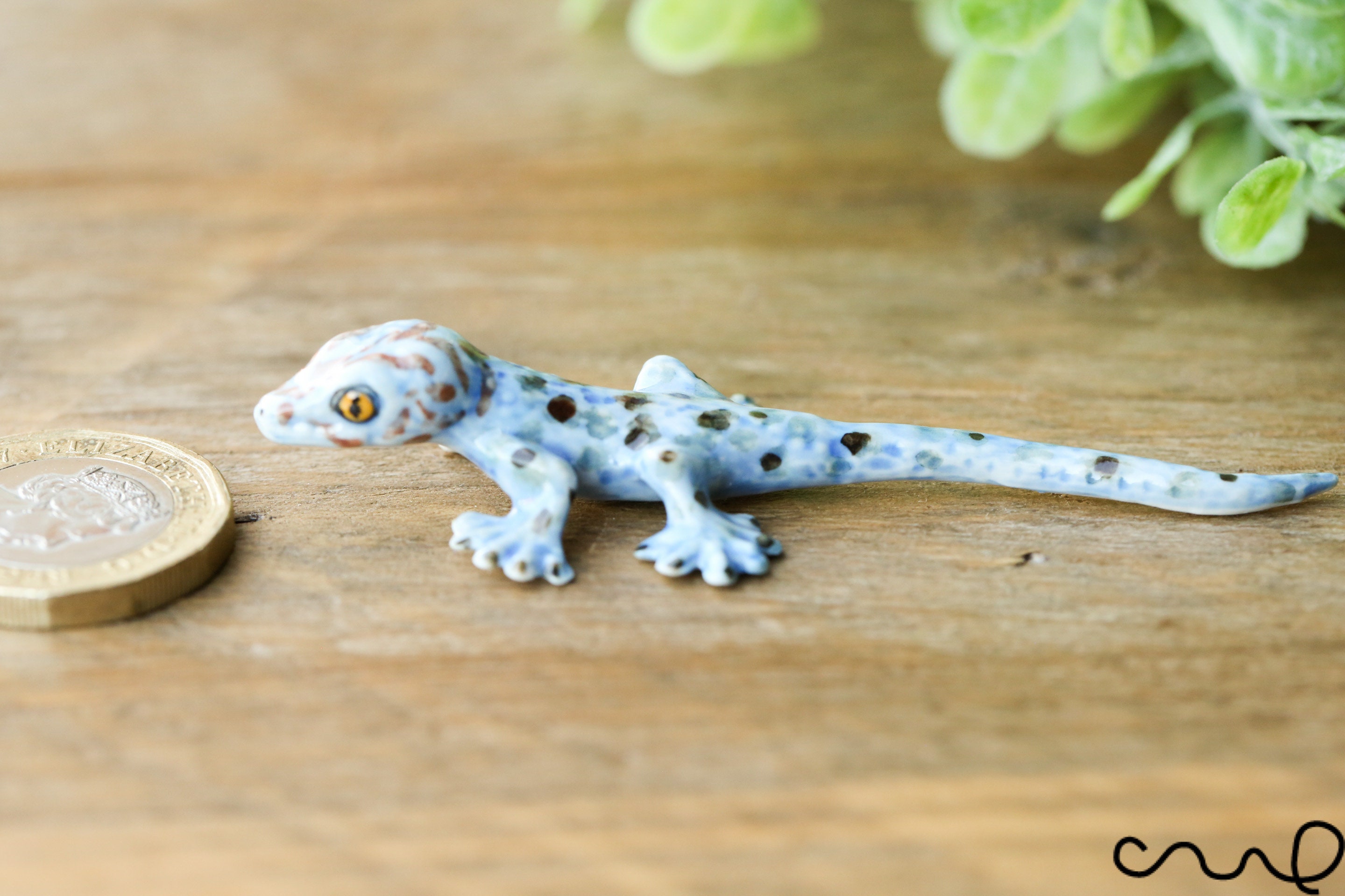 Blue Ceramic Lizard Animal Figurine Pottery Ornament Collectable Gift Gecko