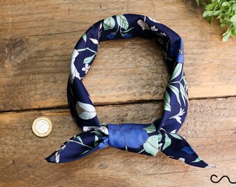 Navy Floral Cotton Bandana Scarf, Handmade Vintage Headband, Hair Wrap and Neck Scarf