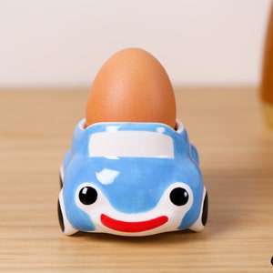 Blue Hand-painted Cute Retro Style Ceramic Car Egg Cup Holder Stoneware Gift Breakfast