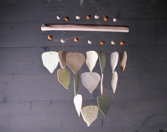 Handmade Garden Hanging Ceramic Windchime 3Tier Leaves Green Natural Gift B19