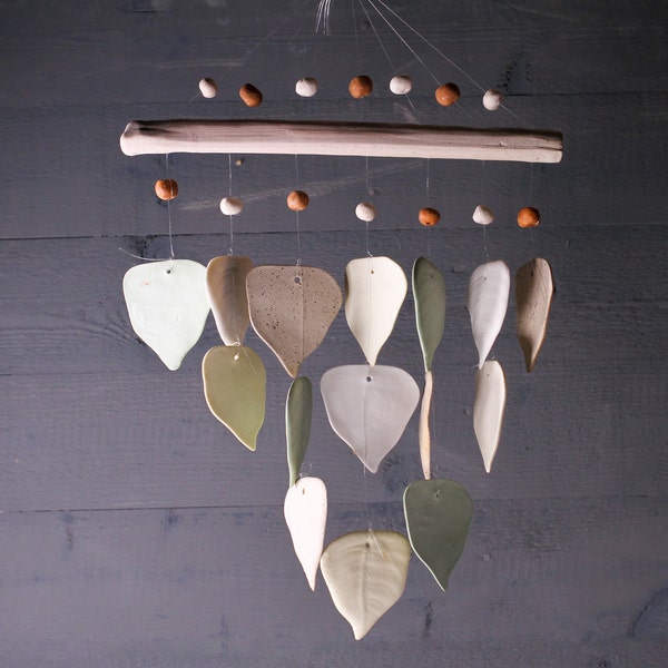 Handmade Ceramic Leaf Wind Chime, 3 Tier Nature Garden Decor, Pottery Hanging Ornament