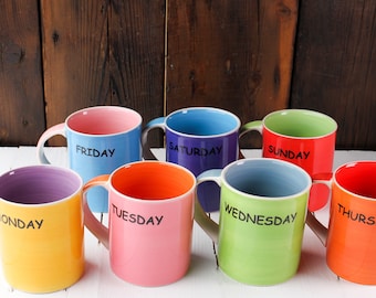 Hand Painted Day of the Week Mugs Set, Rainbow Ceramic Coffee Cups