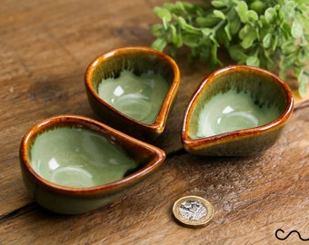 Set 3 Handmade Small Ceramic Dipping Dish Dip Bowl Sauce Dish Condiment Green