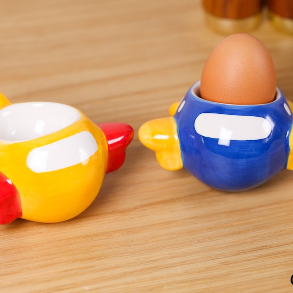 Handmade Ceramic Egg Cups Holder Yellow & Blue Aeroplane Kitchen Breakfast Novelty Gift