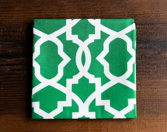 Green Geometric Cotton Pocket Square Handmade Mens Handkerchief