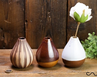 Pode incluir: Três vasos de cerâmica em estilos diferentes. O vaso à esquerda tem listras marrons sobre um fundo creme. O vaso do meio é marrom com um fundo marrom claro. O vaso à direita é branco com um fundo marrom e tem uma única flor branca.