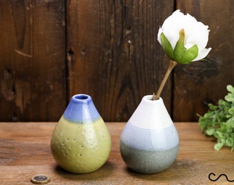 Handmade Set 2 Ceramic Single Flower Vases Blue Green Patterned Small Gift Gloss