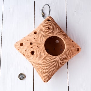 May include: A diamond-shaped, terracotta-colored wall planter with a central opening and numerous small holes. The planter has a textured surface with radial grooves and is suspended by a wire loop. A coin rests below the planter.