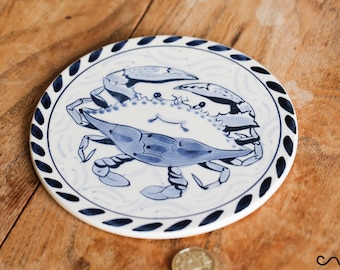 Hand-painted Crab Blue and White Ceramic Round Trivet 6" 15cm Stoneware Tile