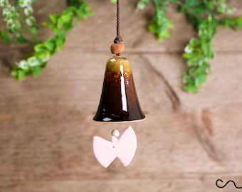 Handmade Brown Ceramic Bell Wind Chime, Calming Garden Decor