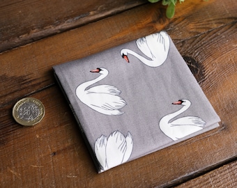 Handmade Cotton Pocket Square: Grey Swan Print Wedding Hanky