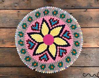 Upcycled Fabric Accent Rug – Handmade Floral Mandala Mat (50cm)