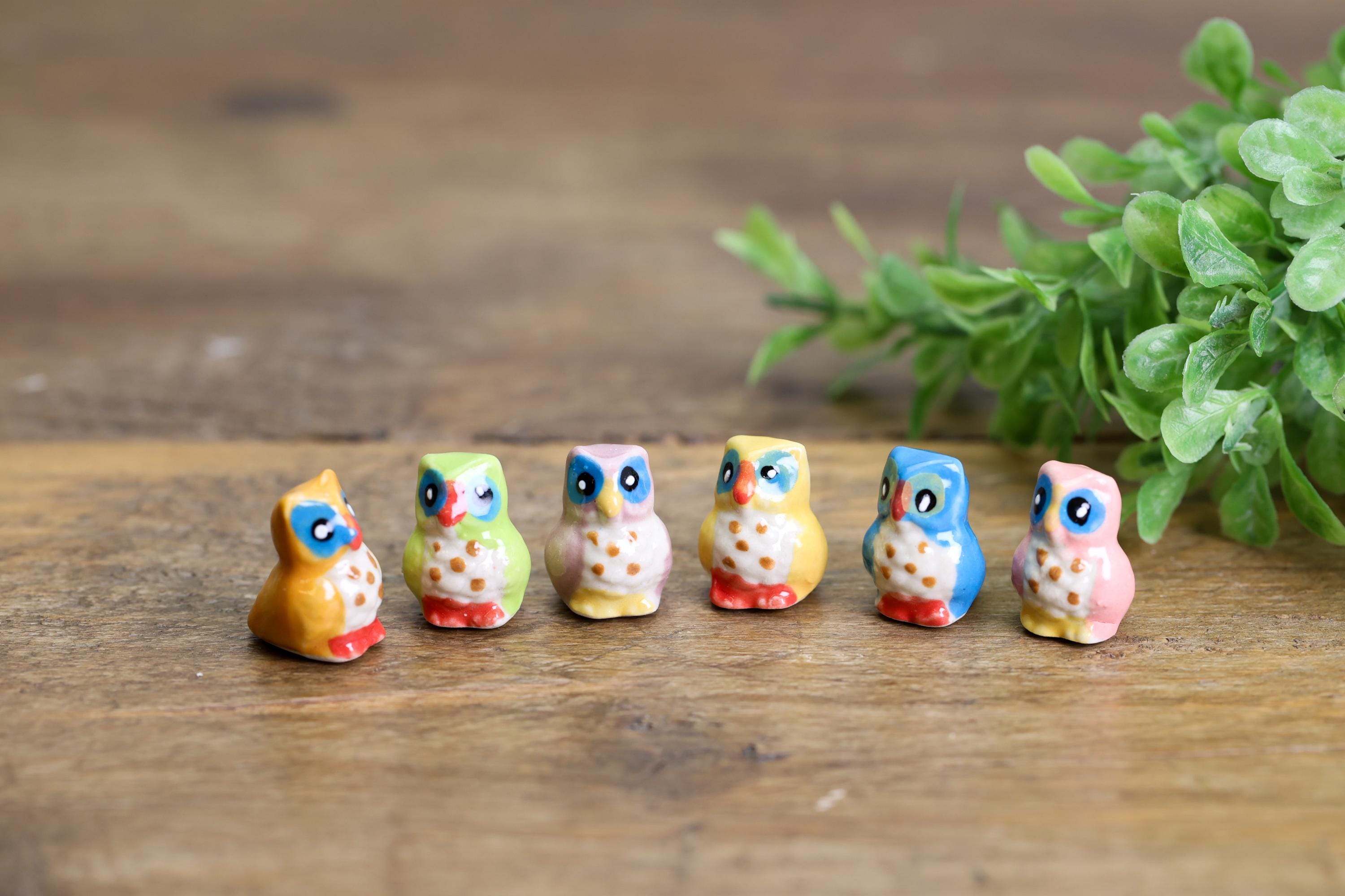 Mini Ceramic Owl Figurines Set – Hand Painted Tiny Owls, Animal Ornament Gift, Cute Miniature 