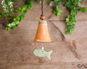 Handmade Orange Ceramic Bell Wind chime Hanging Ornament Garden Gift 16142PG