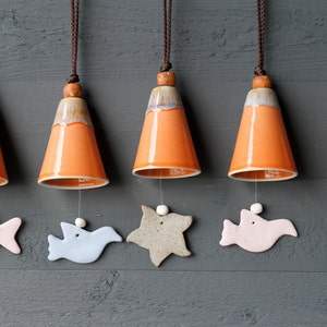 Handmade Ceramic Wind Chime: Orange Cone Bell, Bird & Leaf Garden Decor
