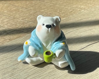 Cozy Polymer Clay Polar Bear with Blanket and Coffee Mug