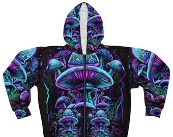 Psychedelic Mushroom Hoodie Blue Zip - Vibrant Fungi All-Over Print Mycological