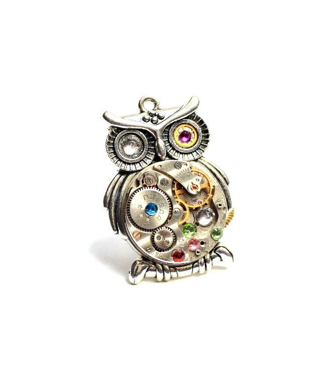 Steampunk Owl Pendant Necklace, Vintage Watch Movement Clock Face, Resin Gears, Upcycled Clockwork, 