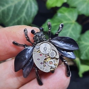 May include: A black and silver steampunk-style brooch in the shape of a beetle with intricate clockwork details and rhinestones.