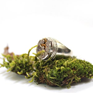 May include: A silver ring with a circular face featuring exposed clockwork gears. The ring is resting on a bed of green moss.