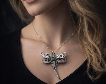 Steampunk Dragonfly Pendant Necklace — Watch Movement Jewelry, Clockwork Insect, Gothic Victorian Gift, Upcycled Steampunk Art
