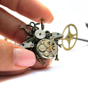 Steampunk fly pendant Vintage watch Christmas present for mom Clock mechanism Steampunk necklace  Fly jewellery Movement necklace Beetle