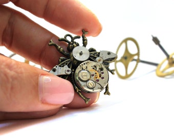 Steampunk fly pendant Vintage watch Christmas present for mom Clock mechanism Steampunk necklace  Fly jewellery Movement necklace Beetle