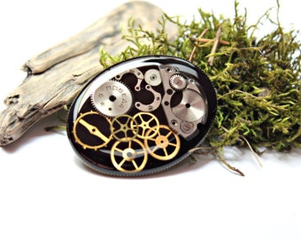 Resin jewelry Vintage watch movement Oval steampunk brooch Black Mechanical badge Stylish accessory  Christmas present for mom