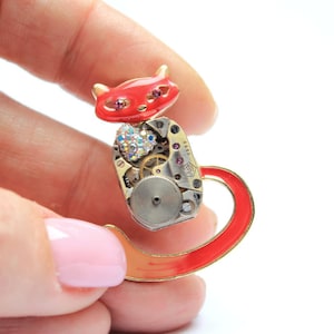 Brooch Red Cat Steampunk jewelry Gift for mom Vintage watch Clockface brooch Clock mechanism Halloween Gift christmas present