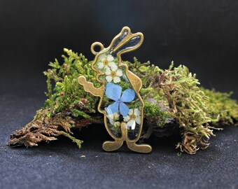 Rabbit pendant with flowers and resin Christmas present for mom Alice in Wonderland Necklace with blue hydrangea Woodland animal jewelry