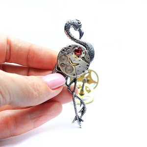 Flamingo pendant Brooch bird Bird heart necklace Steampunk jewellery Gears locket Quirky Xmas Christmas Gift for Mom for Men Cosplay pendant