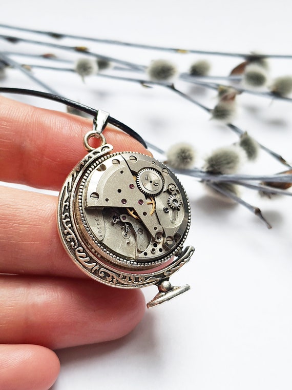 Steampunk Globe Pendant Necklace, Vintage Watch Movement, Clockwork Orb, Silver Tone, Upcycled Jewelry