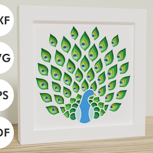 Caja de sombras de pavo real 3D | Archivos de descarga digital SVG, EPS, DXF | Para Cricut y Silhouette | decoración del hogar de bricolaje