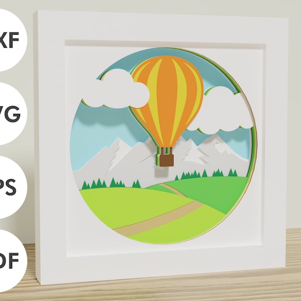 3D Air balloon shadowbox for paper cutting | SVG, EPS, DXF Digital download files | For Cricut and Silhouette | Childrens room DiY decor