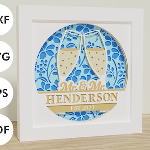 Caja de sombras para boda Mr & Mr Champagne | DXF. EPS, SVG | Texto personalizable | Papel laminado | Cricut, silueta, láser y plotters
