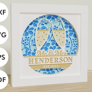 Caja de sombras para bodas Mr & Mrs Champagne | DXF. EPS, SVG | Texto personalizable | Papel laminado | Cricut, silueta, láser y plotters.