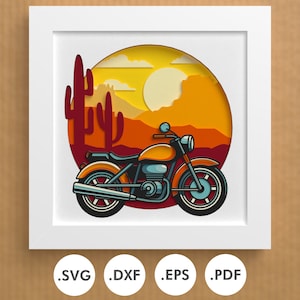 Peut inclure: Une illustration numérique d'une moto dans un paysage désertique avec un coucher de soleil en arrière-plan. La moto est orange et bleue, et le désert est un mélange d'orange, de rouge et de jaune. Il y a deux cactus au premier plan.