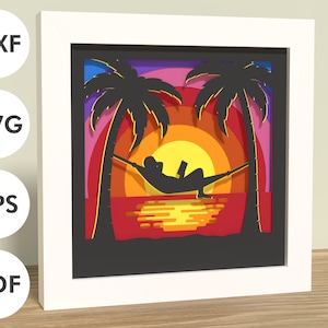 Disegni di shadowbox al tramonto estivo / lettura sulla spiaggia / file SVG, EPS, DXF per il download digitale / per Cricut, Silhouette / personalizzabili