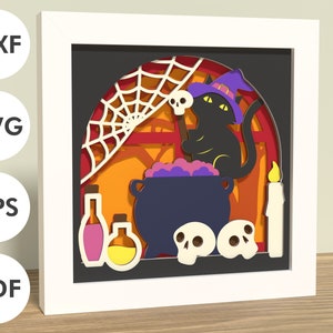 May include: A black cat wearing a witch's hat sits in a cauldron with a purple potion. The cat is holding a stick with a skull on the end. There is a spiderweb in the background and a candle to the right.