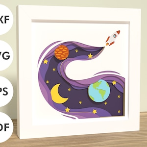 May include: A purple, blue and gold paper cut design of a rocket flying through space with planets, stars and a crescent moon.