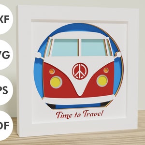 3D Classic jaren 60 hippiebusje schaduwdoos voor het snijden van papier | Personaliseerbare tekst | SVG, EPS, DXF Digitaal downloadbestand | Voor Cricut, silhouet