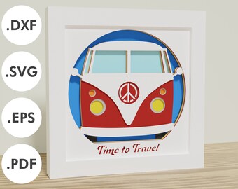 3D Classic 1960s hippie van shadowbox for paper cutting | Personalizable text | SVG, EPS, DXF Digital download file | For Cricut, Silhouette