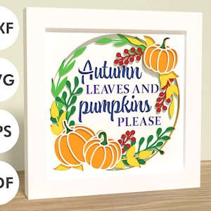 Foglie autunnali e zucche shadowbox / Carta/cartoncino a strati / SVG, EPS, DXF, file di download digitale / Per Cricut, Silhouette, laser
