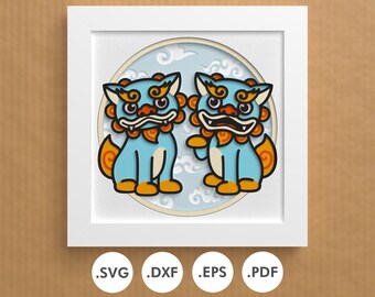 Shisa dog shadowbox | Layered paper/cardstock | SVG, EPS, DXF, digital download | For Cricut, Silhouette, laser