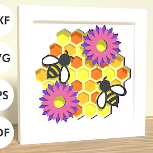 Abejas, miel y flores shadowbox | SVG EPS DXF | Archivos de descarga digital | Silueta y cricut | hazlo tu mismo | pintura de cartón